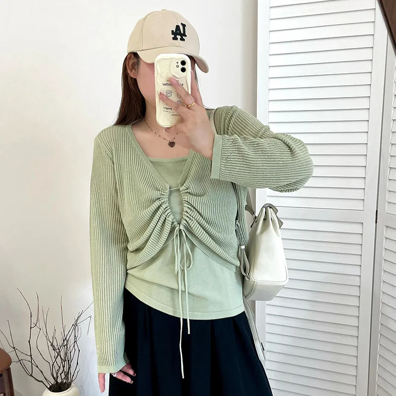 

plus Size Women's Casual Knitted Set 2025 Autumn Style Inner Wear Strap Drawstring Top Two Piece Set Fashionable Ensemble