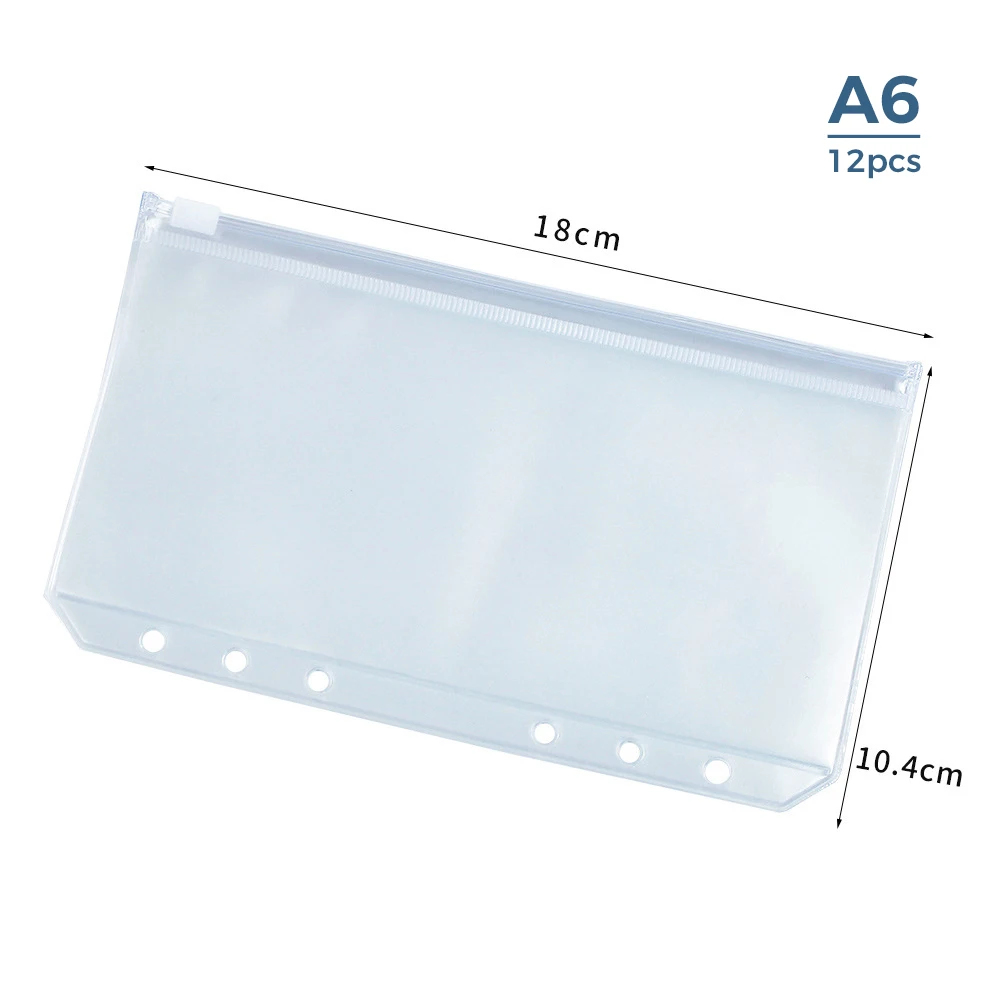 Limpar PVC Zipper Pastas com Buraco, convenientes Binder Bolsos, 6-Ring Notebook Binder, Arquivos Relatórios, A5, A6, A7