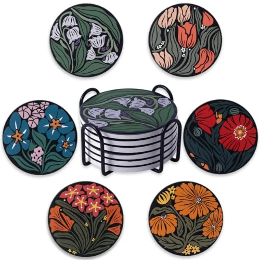 

Coasters Absorbent Ceramic Coaster Drink Coasters with Cork Back Beautiful Artistic Flowers Set of 6 Round Coaster Non Slip for