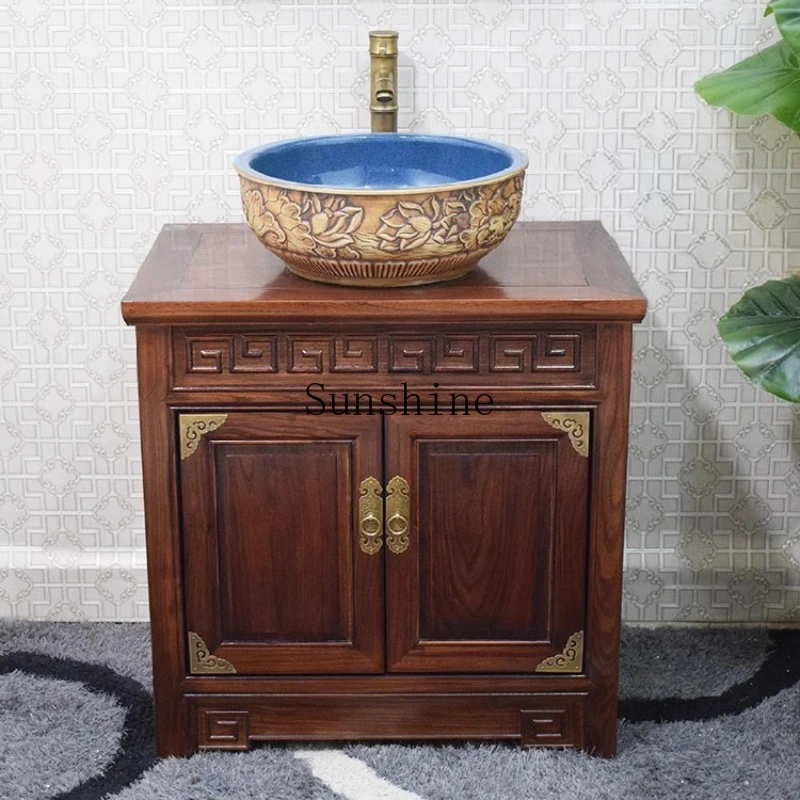 

New Chinese-style solid wood bathroom combination floor-to-ceiling washbasin cabinet, simple and modern