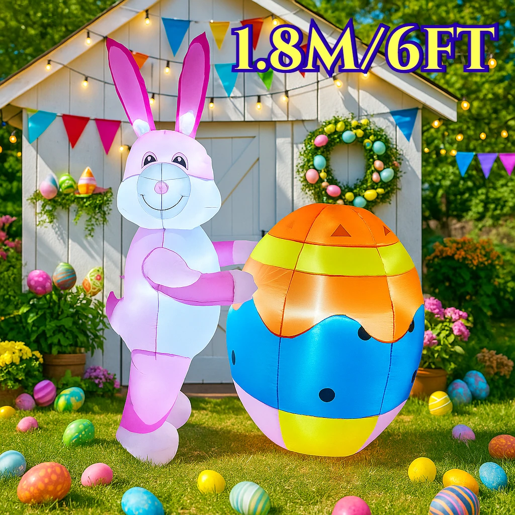 Outdoor Holiday Decorations 1.8M/6FT Happy Easter Inflatable Pink Rabbit and Large Egg LED Lights Model Decor Garden Ornaments