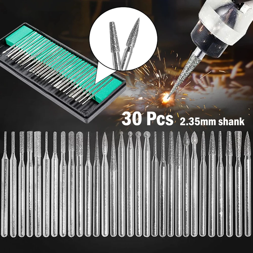 

30pcs 2.35mm Shank Diamond Burs Set With Box For Electric Grinder Power Tools Grinding Head Grinding Needle Abrasive Tools