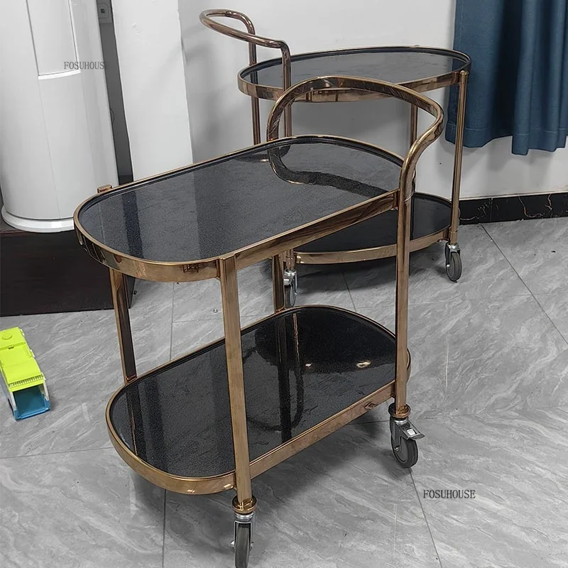 #Nordic Luxury Hotel Trolley Double Layer Hotel KTV Silent Operation Hand Push Cart Tea Dessert Stainless Steel Commercial Cart