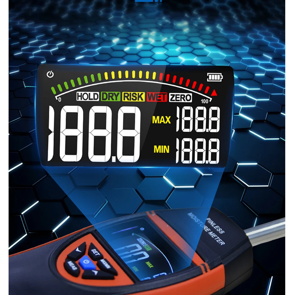 ボールプローブとカラーLCD付きピンレス水分計、0-70% RH、木材、壁、コンクリート、石材用アラーム機能付き
