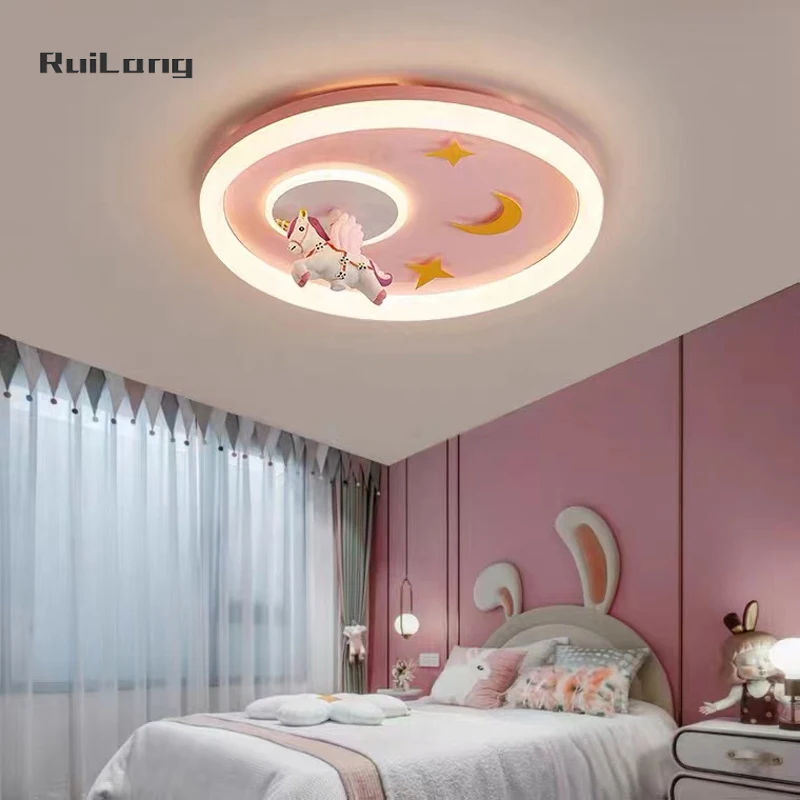 Cartoon Unicorn Ceiling Chandelier Kids Room Girl Bedroom Princess Baby Pink Ceiling Lamp Cute Decor Pegasus LED Ceiling Light