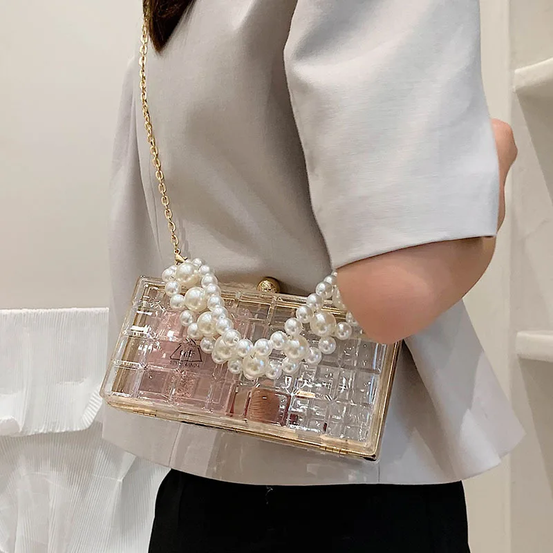 Acrylic Transparent Box Shape Crossbody Bag Elegant Pearl Bead Chain Design Shoulder Bag Pvc Women\'s Designer Small Square Bag