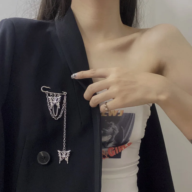 Punk Pendant Double Pin Clip Chain Brooch Japan Korea For Men Women Street Ins Long Metal Chest Chain Brooch Trendy Accessories