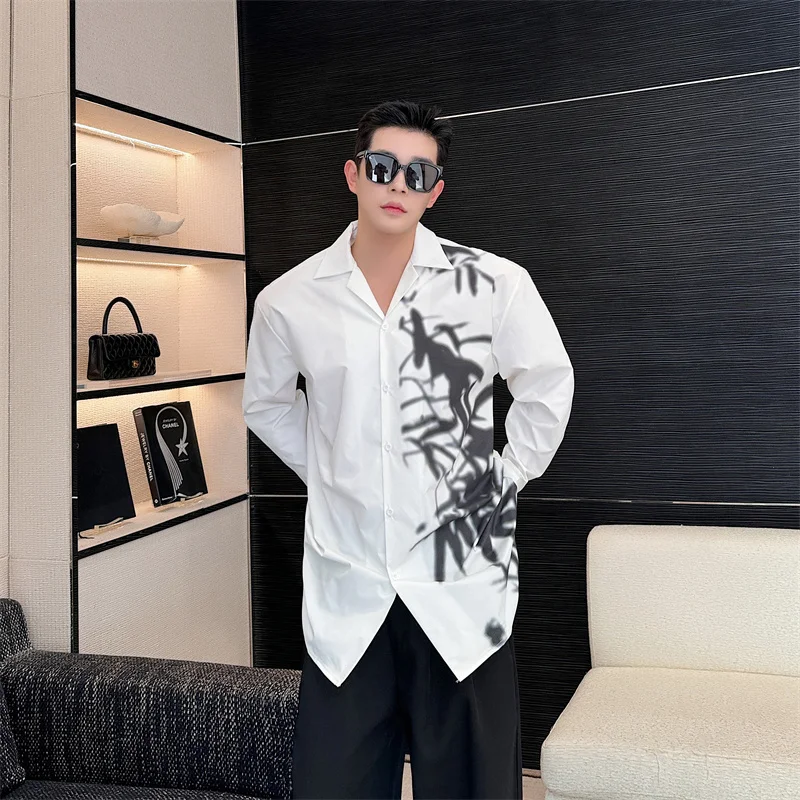 

New Spring Chinese Sle Men's Long Sve Casual irt Water-Media Print Faionable Stand Fit Youthful Trendy Stand Ne