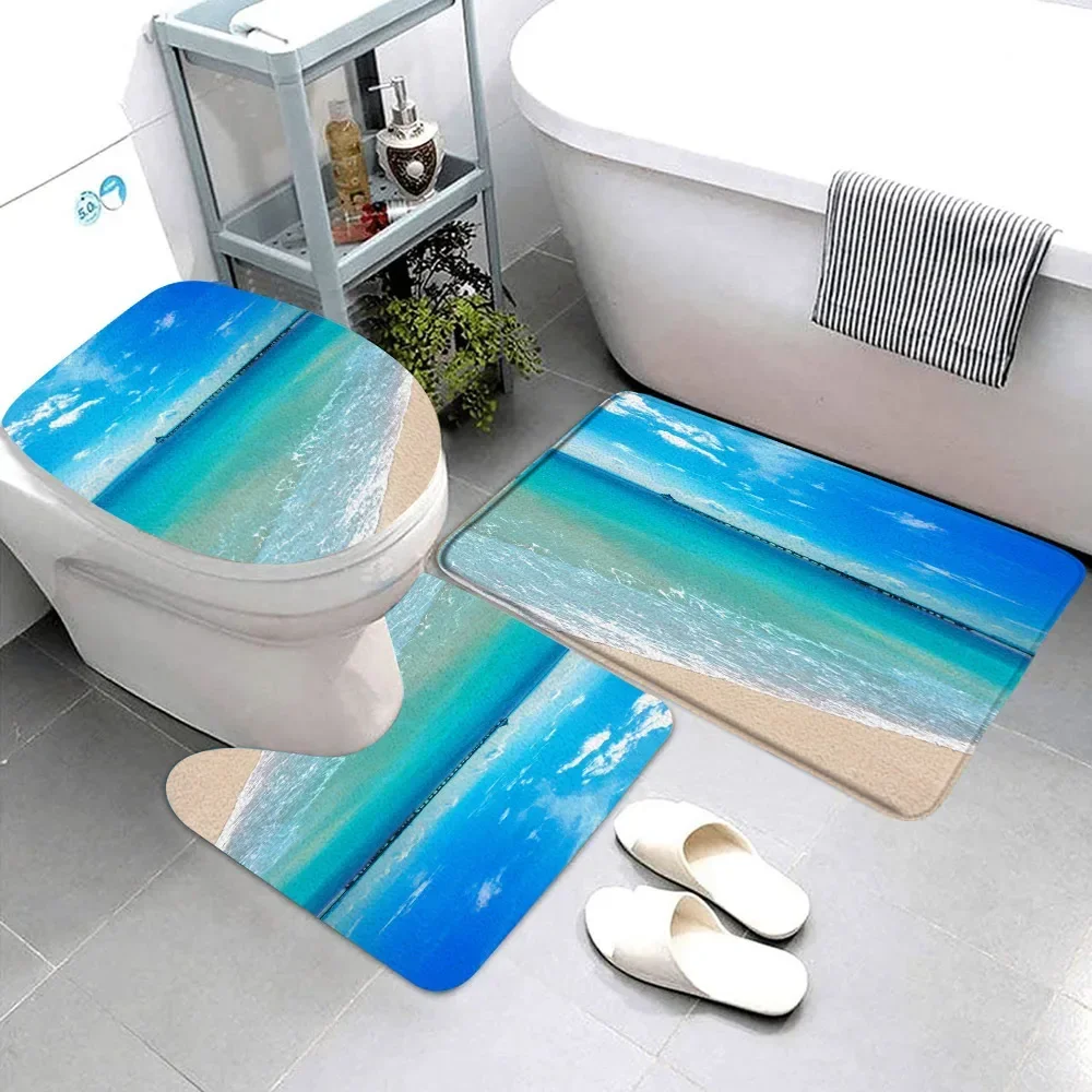 Blue Ocean Seaside Scenic Rug Set Tropical Beach Outdoor Landscape Bath Mat Toilet Mat Bathtub Bathroom Decoration Set