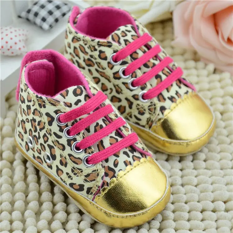 

First Walkers Leopard Canvas Infant Toddler Baby Shoes Kids Girls Laces Ribbon Bowknot Crib Shoes Soft Walker