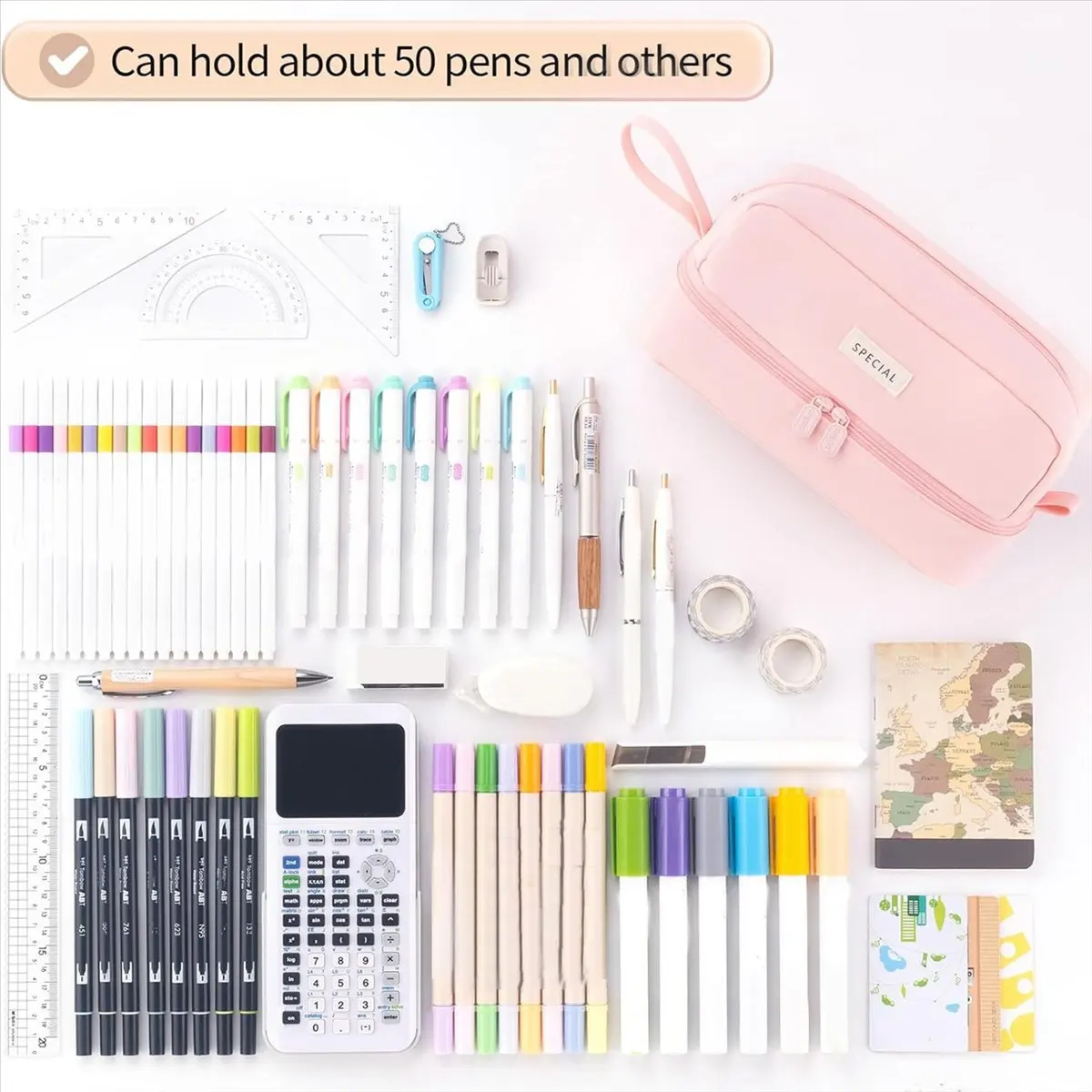 ABZT Big Capacity Large Pencil Case Pen Pouch Bag with 2 Compartments for Girls Boys Teen School Students Adults Pink