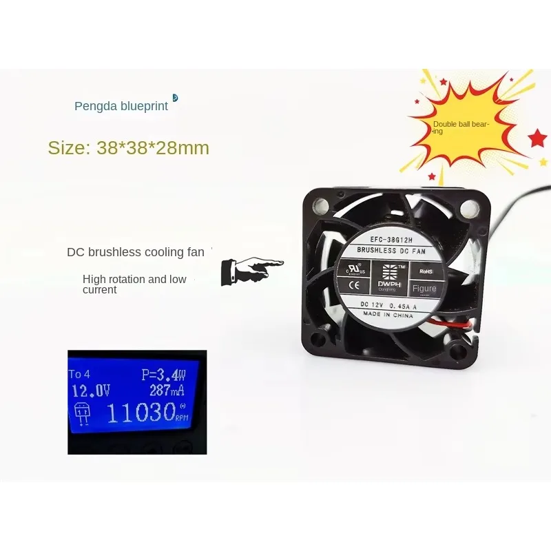 pa Brand new 3828 double ball bearing 12V large air volume high turn 3 .8CM server 38*38*28MM cooling fan