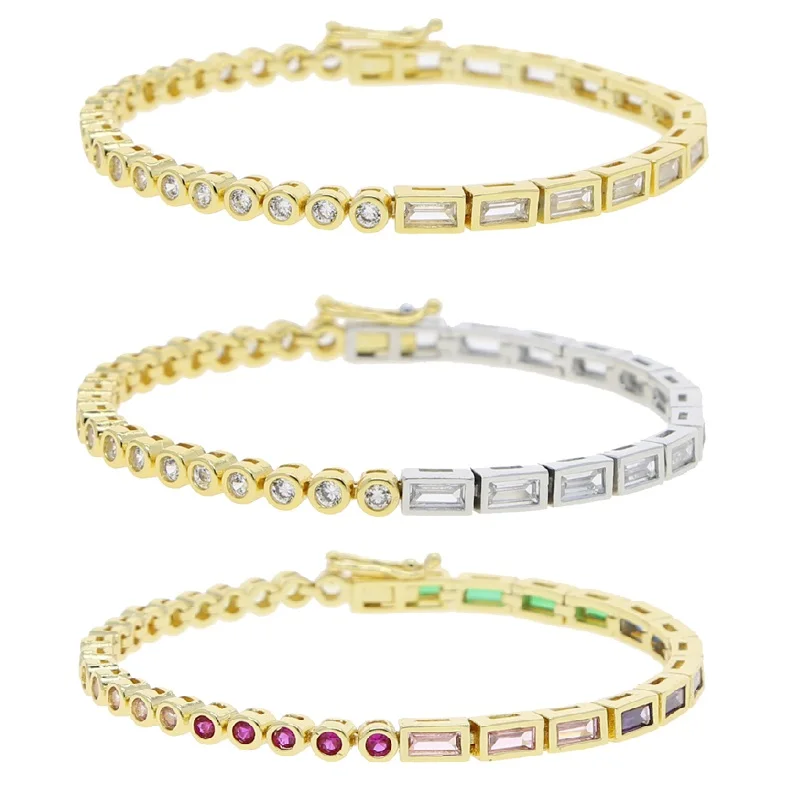 Bling Bezel White Colorful Rainbow Half Round Half Rectangle Cubic Zirconia Tennis Bracelet For Women Girl Fashion Jewelry