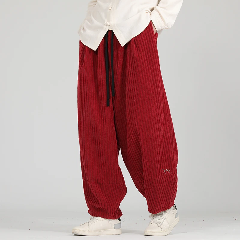 Corduroy Pants Man Baggy Embroidery Chinese Style Autumn and Winter Trousers Men