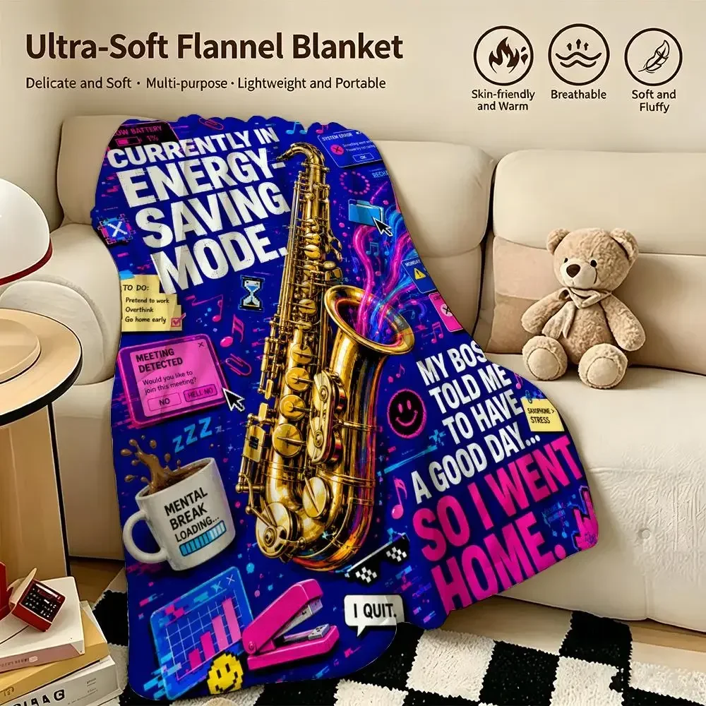 Retro Saxophone Escalation Throw Warm Soft Flannel Blanket, Multi-use for Sofa Bed Camping Travel Nap