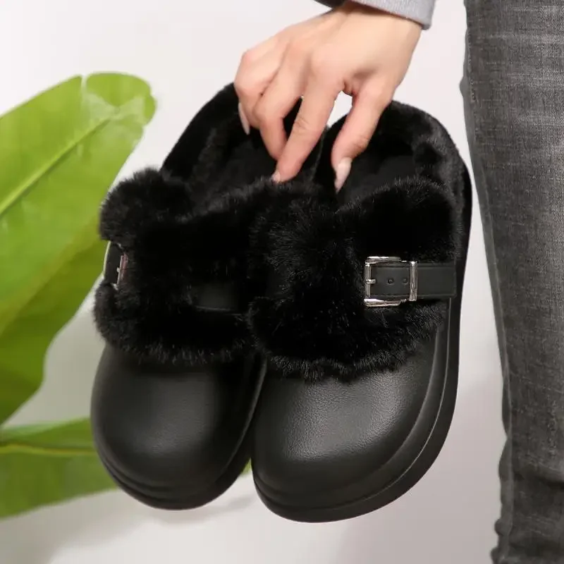 Wasserdichte EVA-Clogs mit dicker Sohle und Fellbesatz für Damen, Winter 2026, mit Metallschnalle, flauschige Outdoor-Hausschuhe, warme Plüsch-Pantoffeln für Frauen – Detail 23