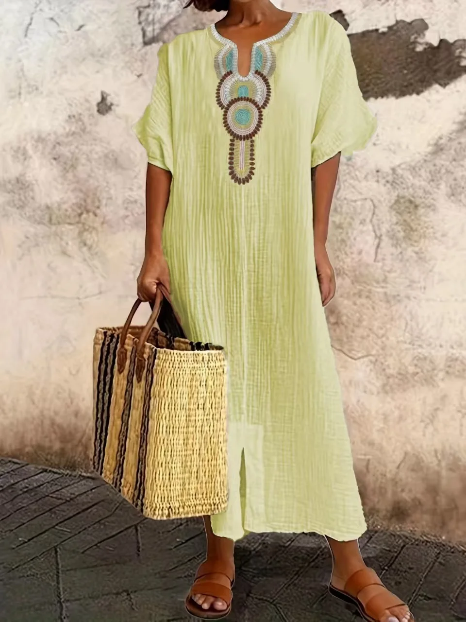 New2025 Damska sukienka Boho Vintage z haftem z bawełny i lnu Damska sukienka z dekoltem w szpic Maxi Party Dress z krótkim rękawem Luźna sukienka