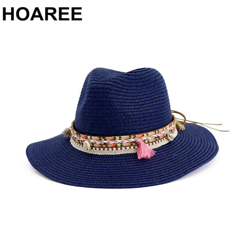 HOAREE Sombrero de paja para el sol Sombrero panamá blanco Playa Gorras de verano para mujer Sombrero Fedora femenina Sombrero informal para mujer