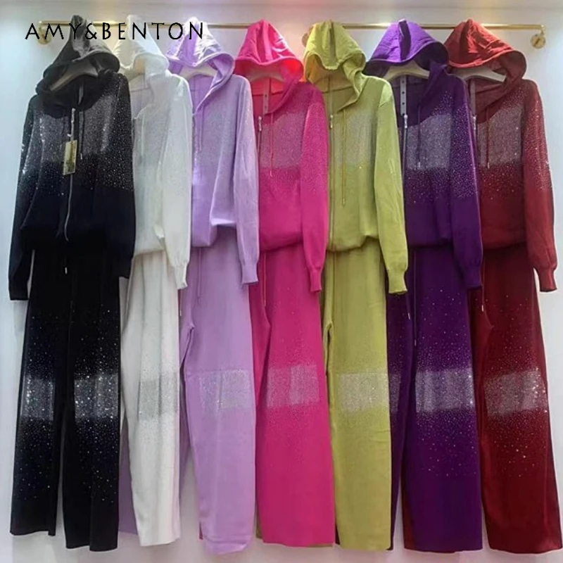 

Women's American Style Y2k Outfits Heavy Rhinestone Shiny Knitted Jacket Top + Elastic Waist Wide Leg Long Pants Two-Pieces Sets