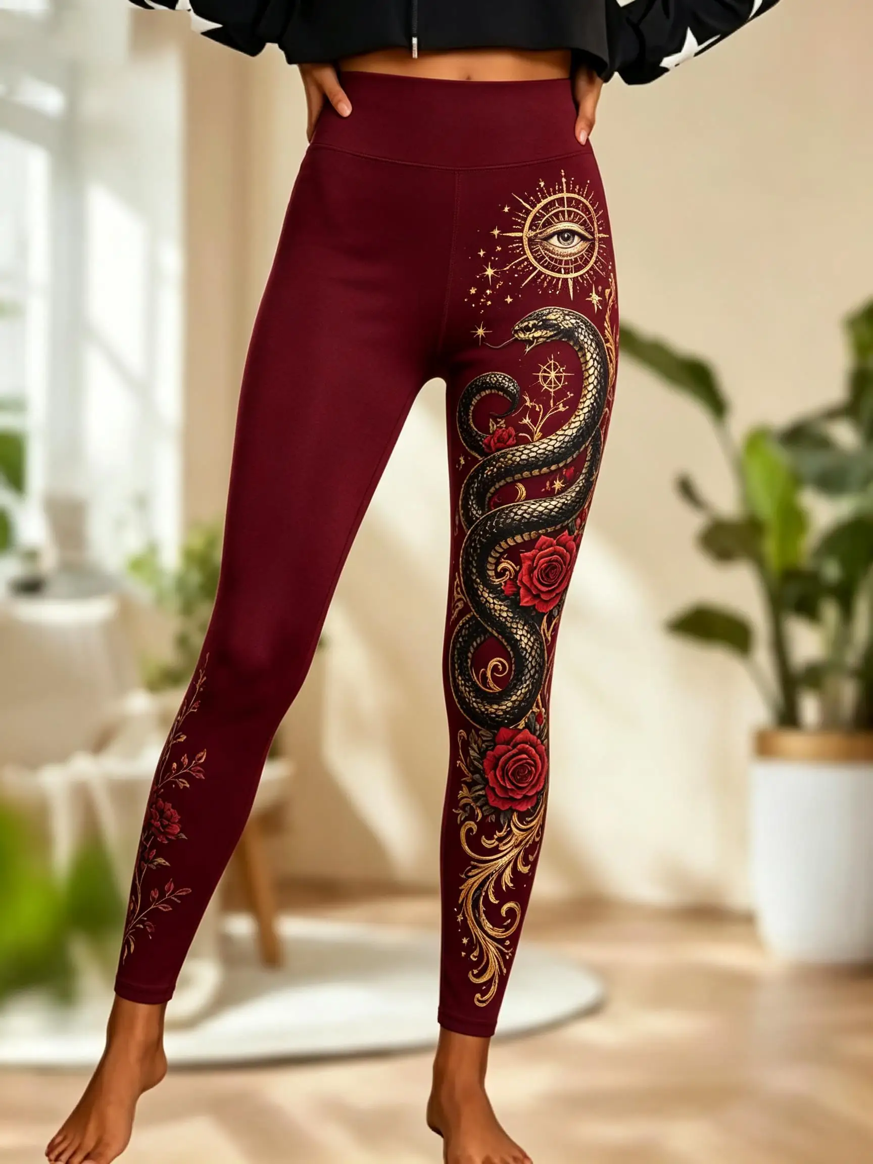 Women Fleece‑lined Mid‑rise Leggings Dark Purple Mystic Golden Serpent Evil‑Eye Sun Rose Occult Side Print Slim Stretch Pants
