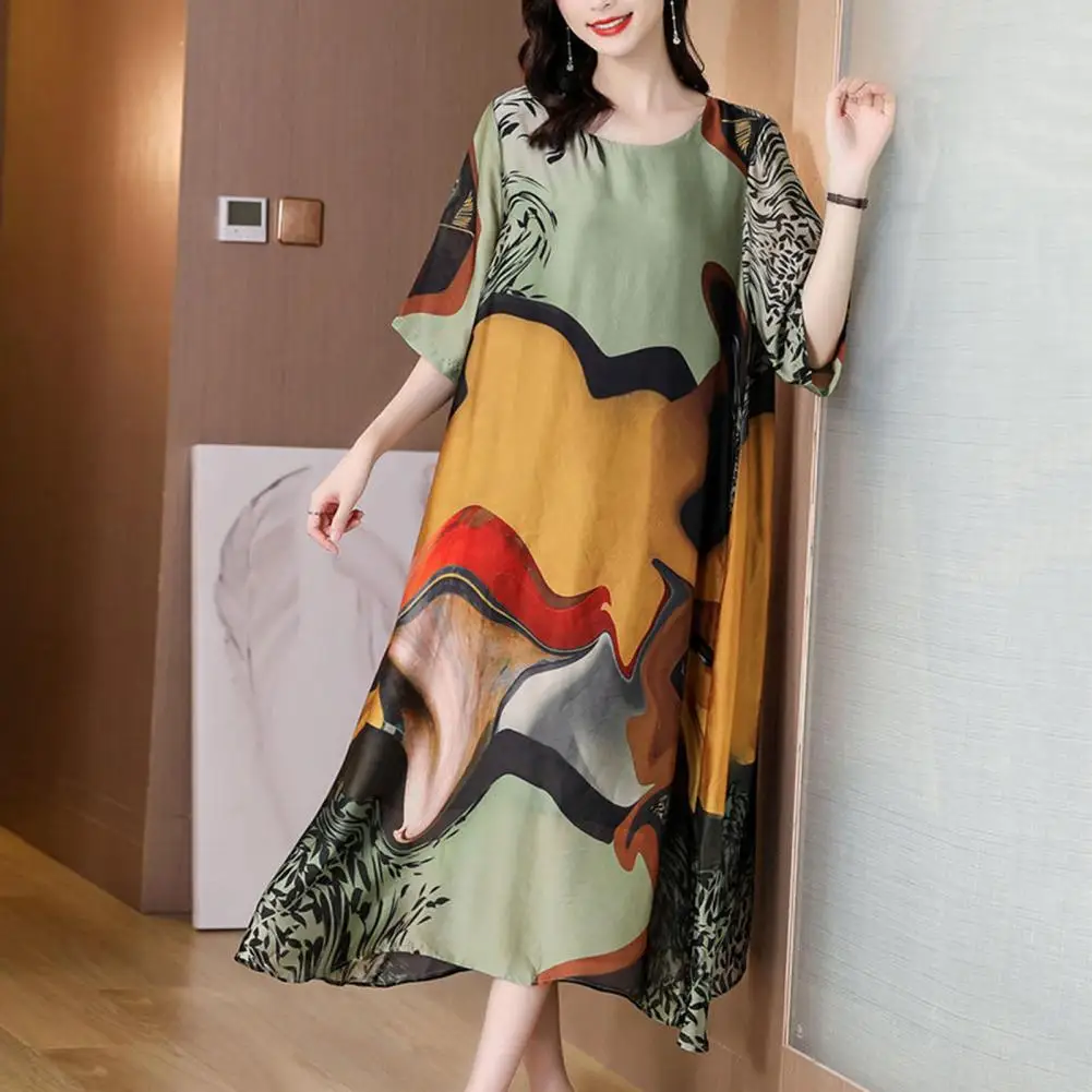 

Colorful Printed Dress Loose Fit Dress Stylish Mid-calf Length Summer Dress for Women O Neck Half Sleeve Midi with for Wear