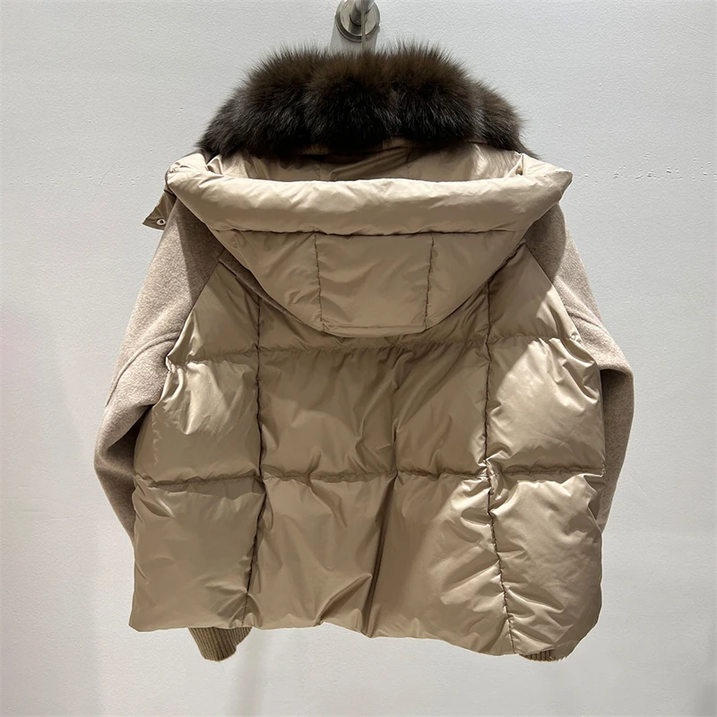 New winter style down jacket with large fox furCollar high-quality fashionable short wool patchwork thickened warm hooded jacket