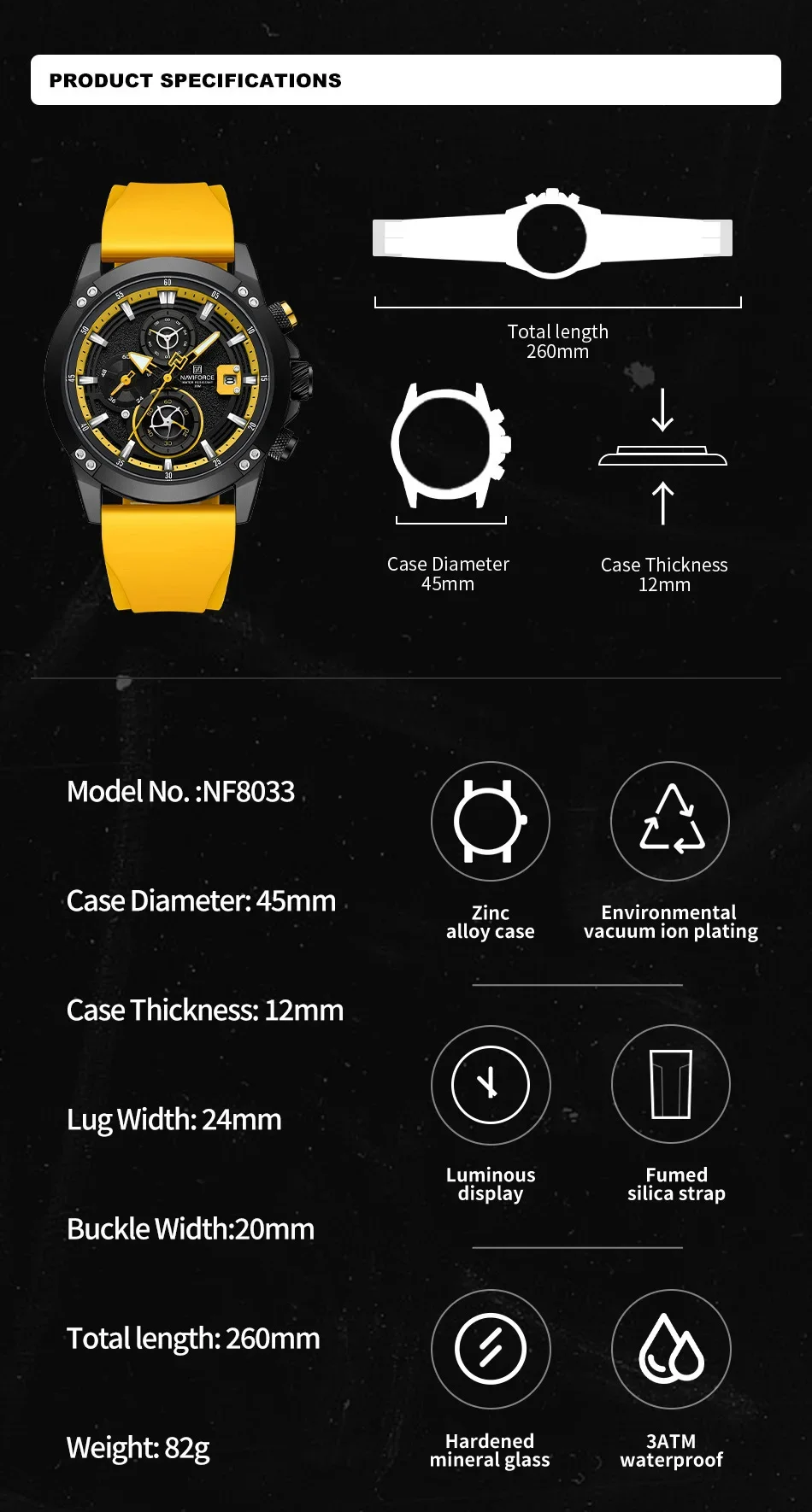 NAVIFORCE NF8033 Men\'s Fashion Casual Chronograph Quartz Wristwatch Military Silicone Strap Waterproof Clock