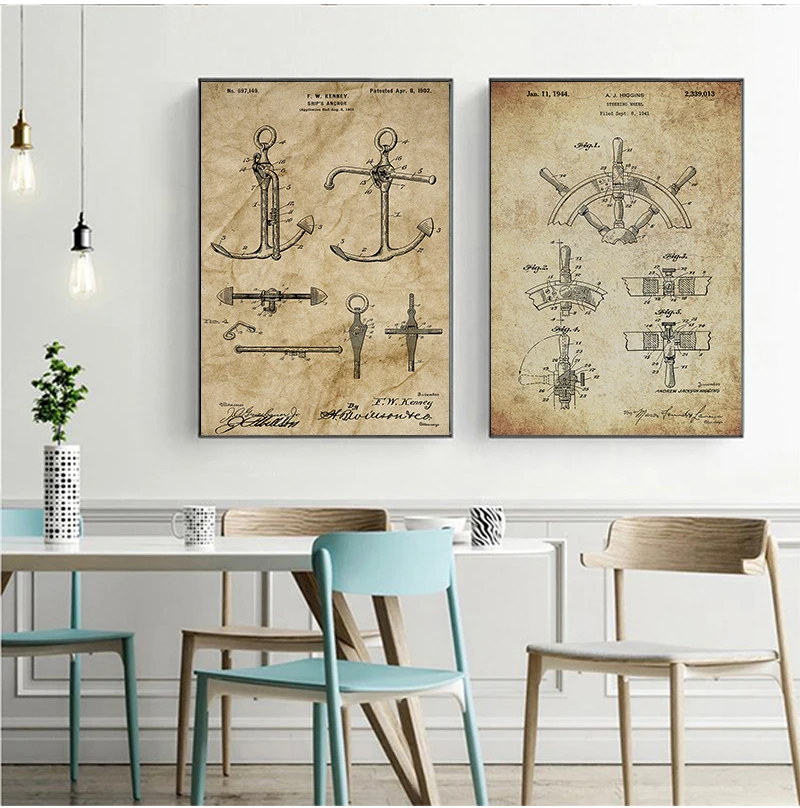 المراكب الشراعية براءات الاختراع طباعة Vintage المشارك بحار الهدايا ، يخت مرساة عجلة السفينة الإبحار مخطط بحري الرسم على لوحات القماش الجدارية #4