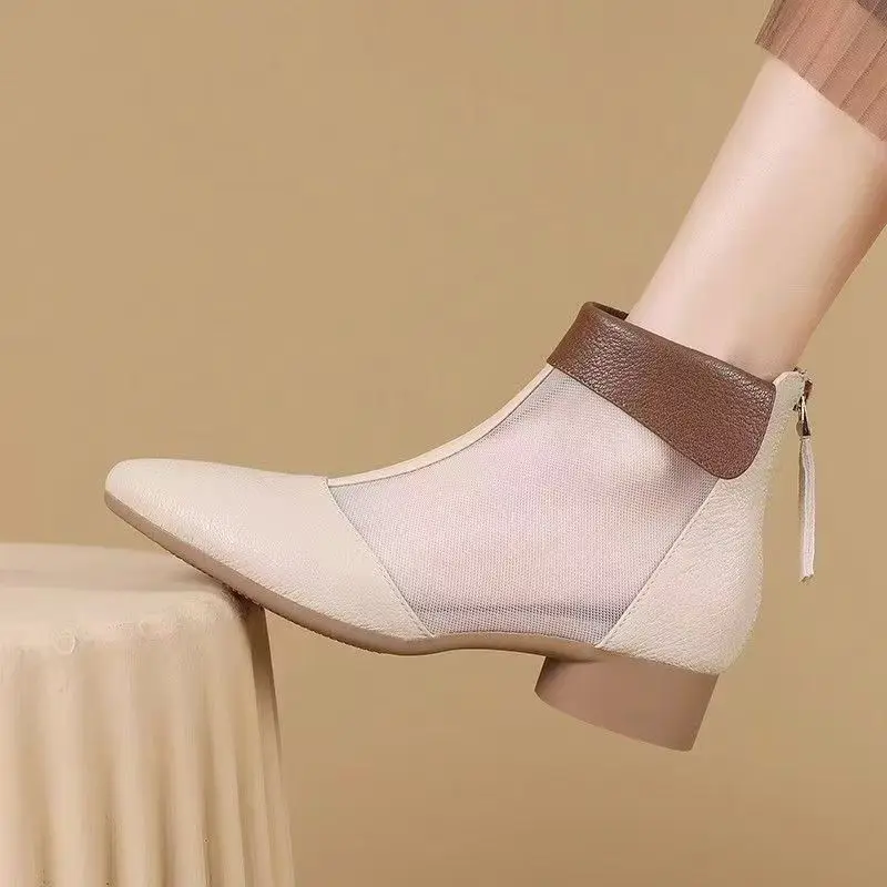 

Женские крутые ботинки на низком каблуке из кожи и сетки, весна-лето, новые легкие дышащие ботильоны на мягкой подошве с острым носком на молнии