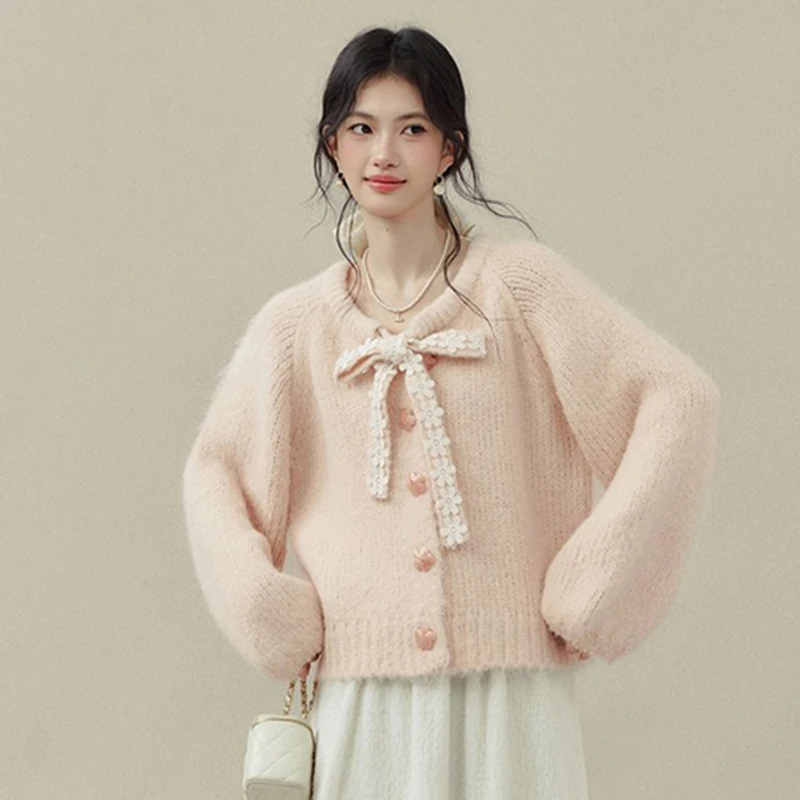 Women Bow Front Fuzzy Cardigan Sweet Pink Knit Sweater 3D Flower Buttons Fluffy Coat Sweater Winter Warm Preppy Top