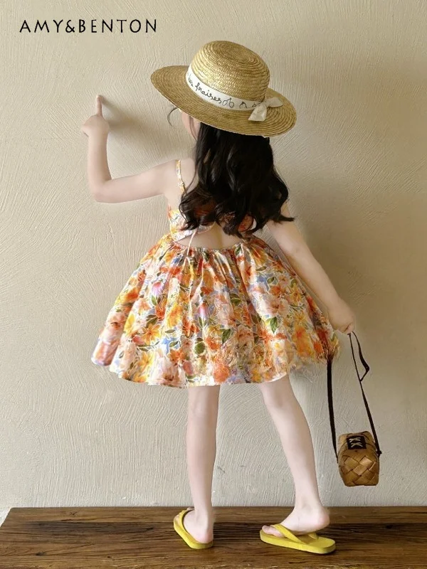 

Girls' Floral Print Backless Cami Dress Cute Vacation Style Sundress with Tie Detail Ideal for Summer Beach Casual Wear Clothes
