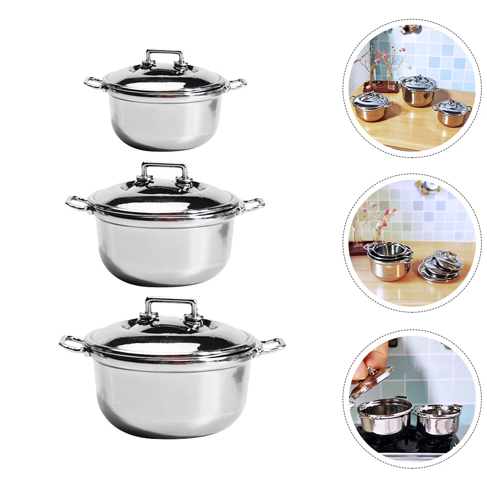 

3 Pcs Dollhouse Soup Pot Imitation Stockpot Food Kids Pretend Pots and Pans Vegetable Toy Play Kitchen Utensils Alloy Miniature