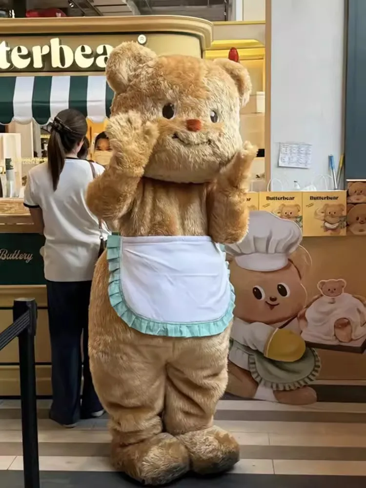 Bambola di Costume della mascotte della peluche dell'orso del burro Kawaii di vendita calda di alta qualità che indossa le articolazioni del grembiule puntelli di prestazione di Anime della testa dell'orso