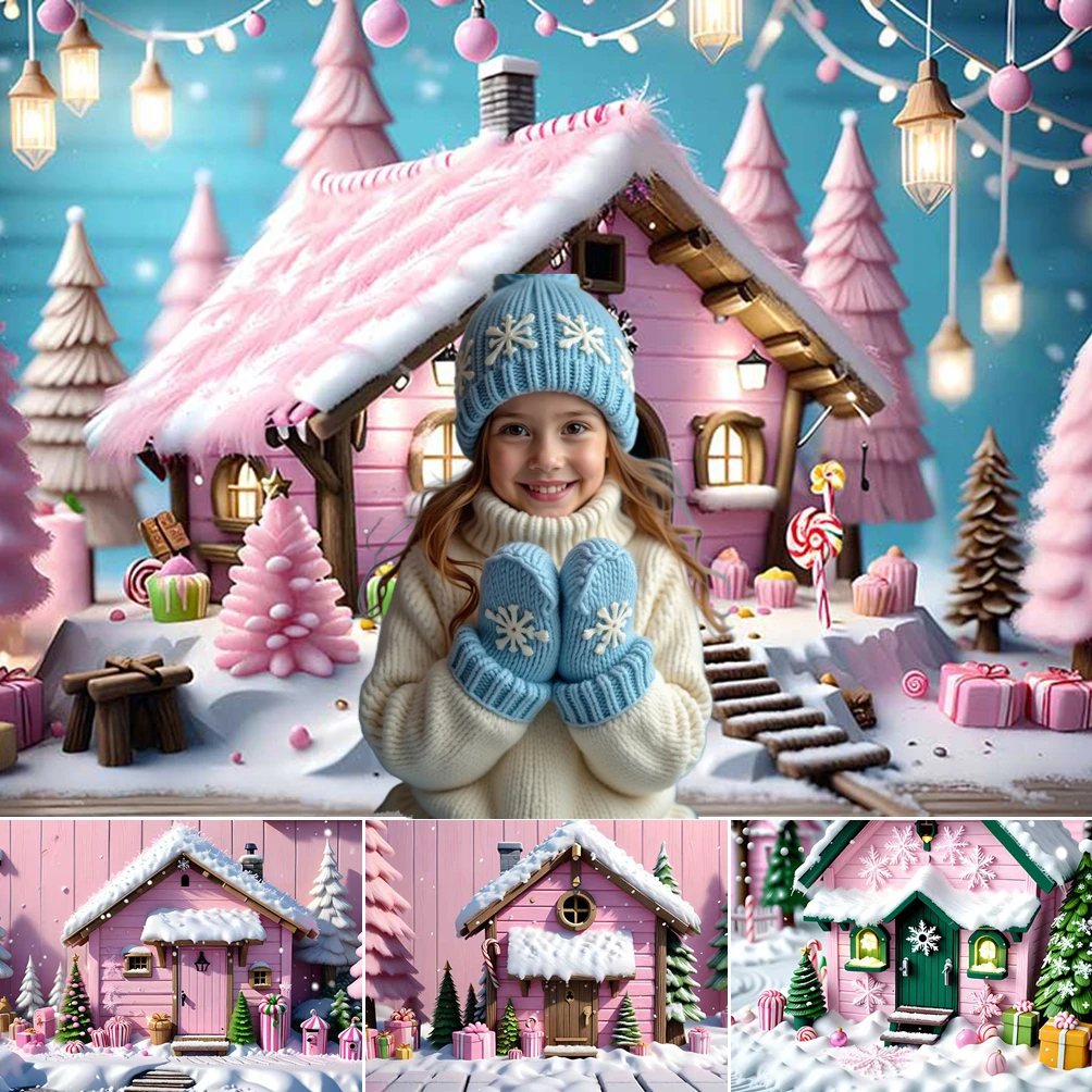 

MOON.QG Christmas Tree Background Photography Gifts Cabin Pink House Custom Backdrop Party Decorations Photo Studio Wallpaper