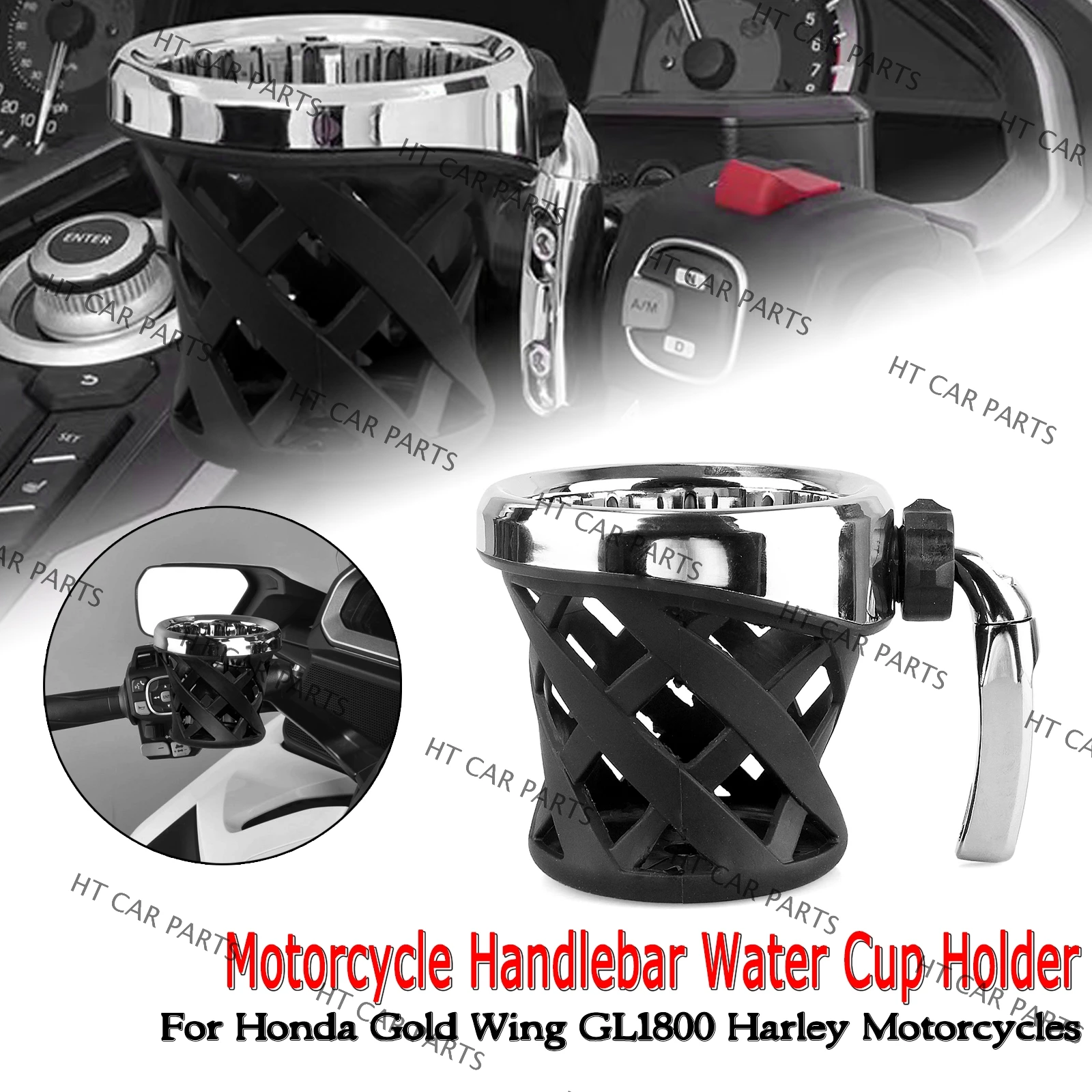 For Honda Gold Wing GL1800 1 Set Black&Chrome of Motorcycle Handlebar Cup Holder Drink W/ Mesh Basket Mount