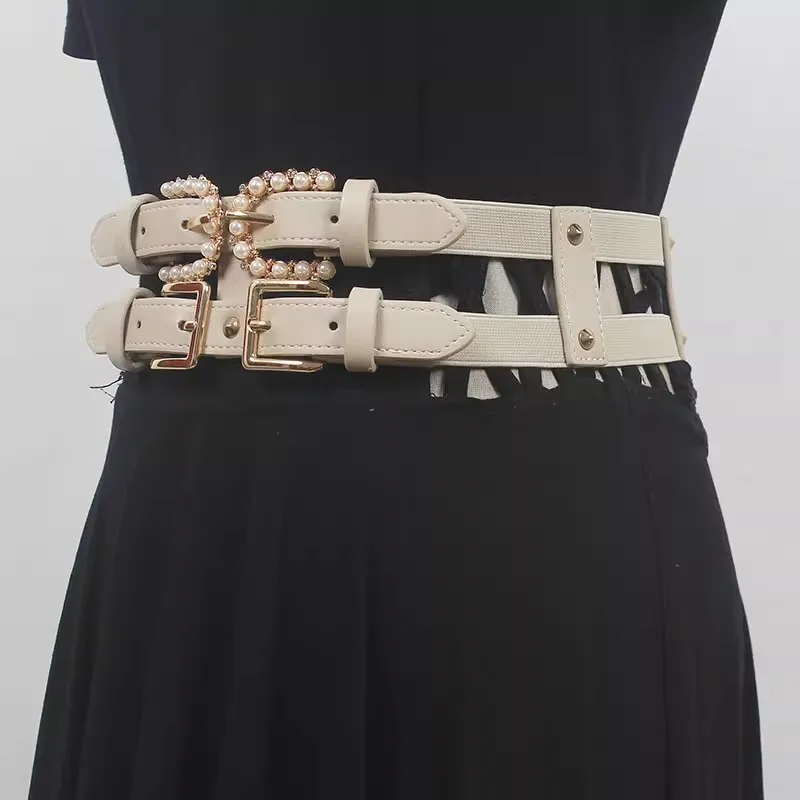 Women's Runway Fashion Pearl Buckle PU Leather Cummerbunds Female Dress Corsets Waistband Belts Decoration Wide Belt R399