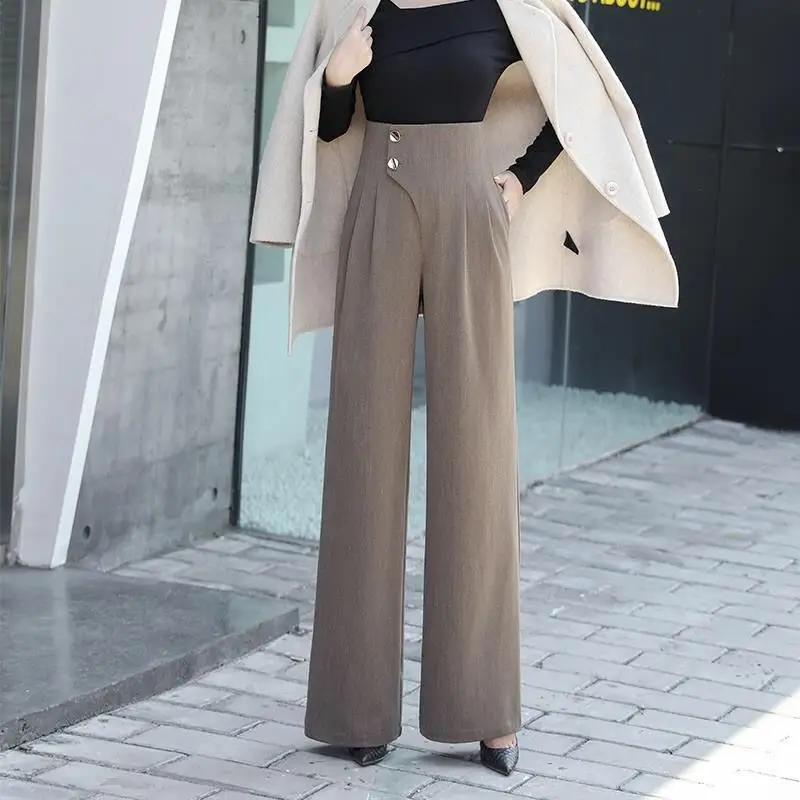 Office Lady Solid Color High Waist Suit Pants Spring Autumn Loose All-match Button Spliced Wide Leg Trousers Women\'s Clothing