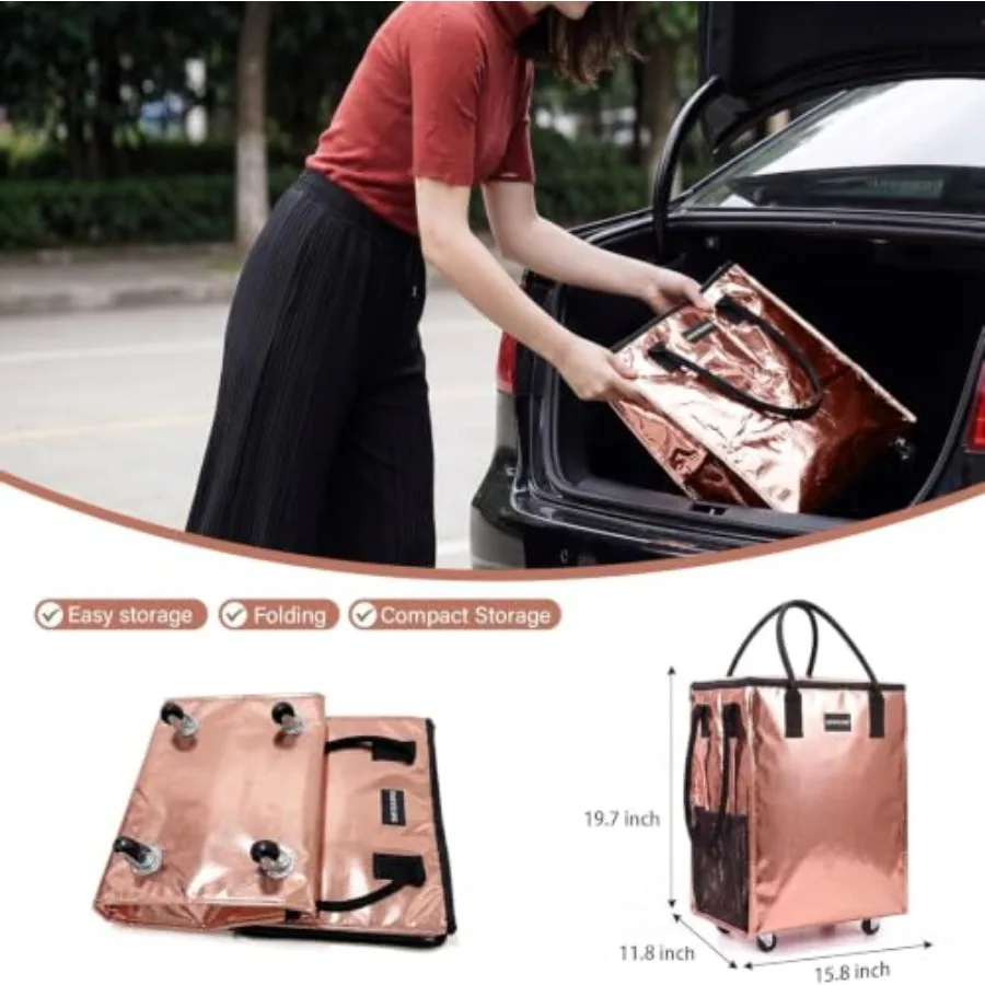 Grocery Bag Rolling Tote Bag on Wheels, Shopping Bag with Wheels Handle Reusable Portable Foldable Heavy Duty Tote on Wheels wi