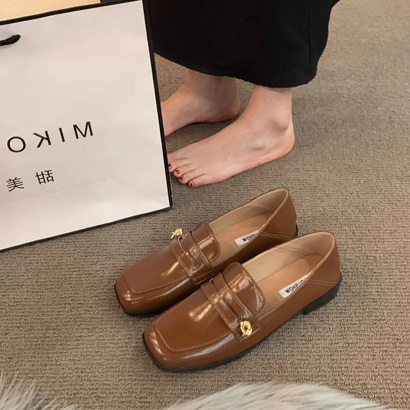 Korean Style British Style Square Toe Low Heeled Small Leather Shoes Doudou Women Shoes Early Autumn New Slip on Loafers