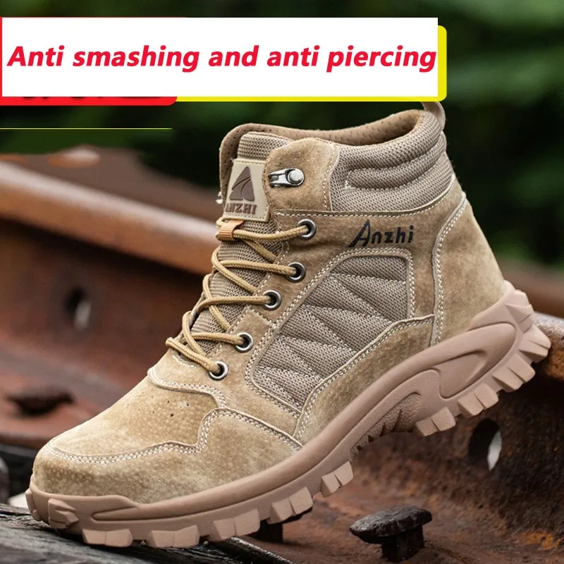 Four Seasons New Safety Shoes Men Steel Toe Caps High Top Safety Boots Anti Smashing Puncture Rubber Soles Security-protection