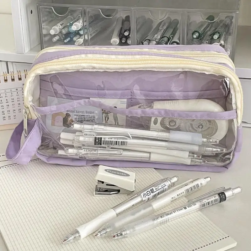 New Transparent Visible Pencil Case Large Capacity Double Layer Splash Prevention Pen Pouch School Exam Stationery Bag