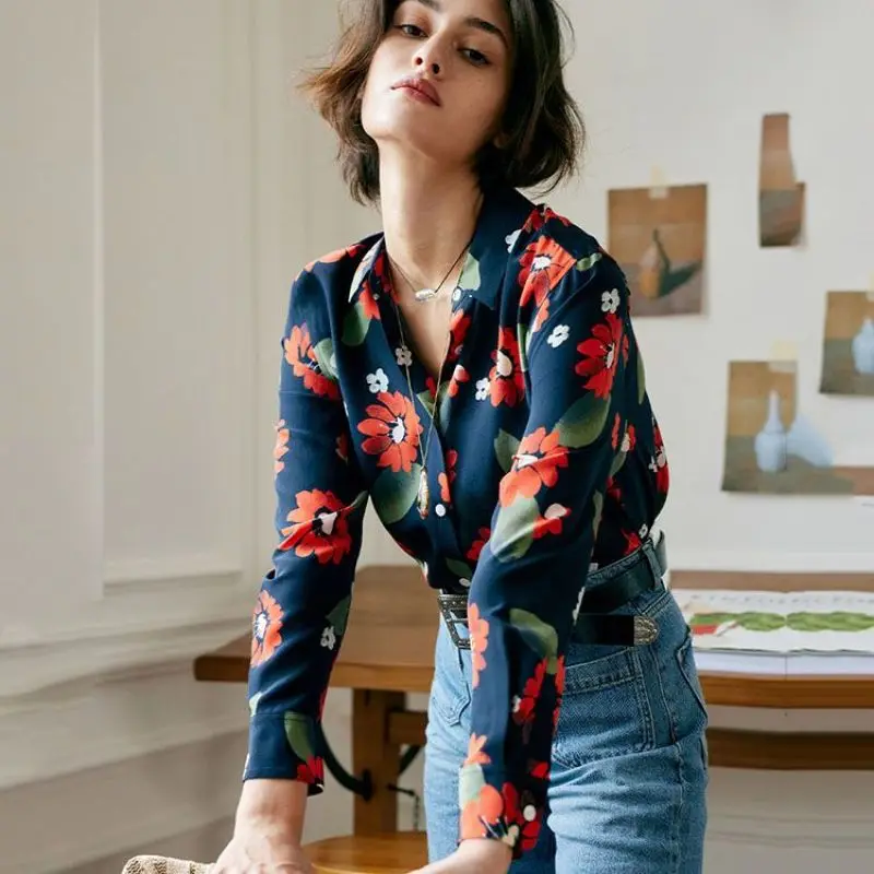 Women Spring Fashion Trend Printing Chiffon Polo-Neck Long Sleeve Shirts Women Clothes Casual All-match Appear Thin Floral Tops