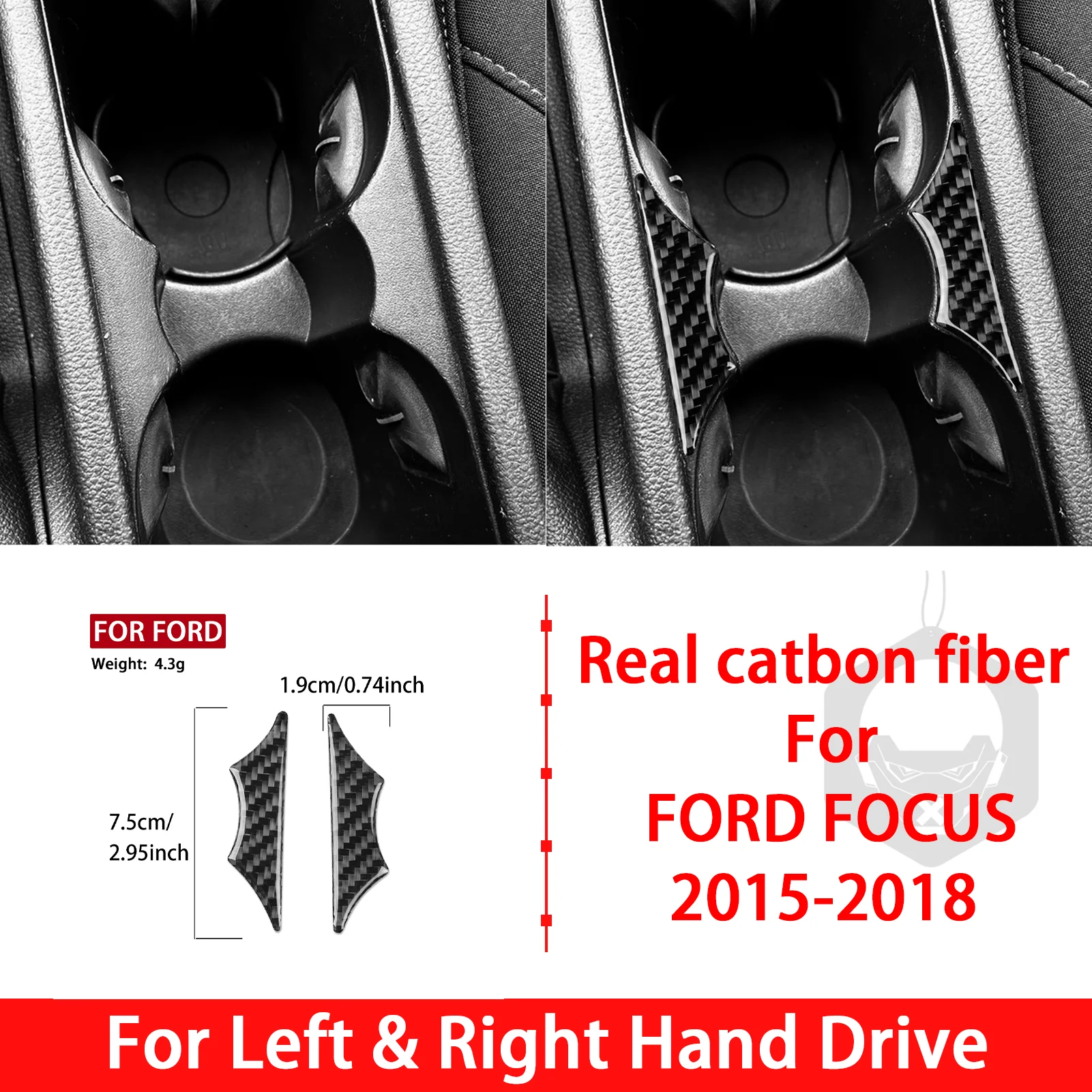 Fibre de carbone pour Ford Focus 2015-2018, porte-gobelet latéral, 2 pièces, accessoires de décoration intérieure de voiture, style, autocollant de garniture pour véhicule.