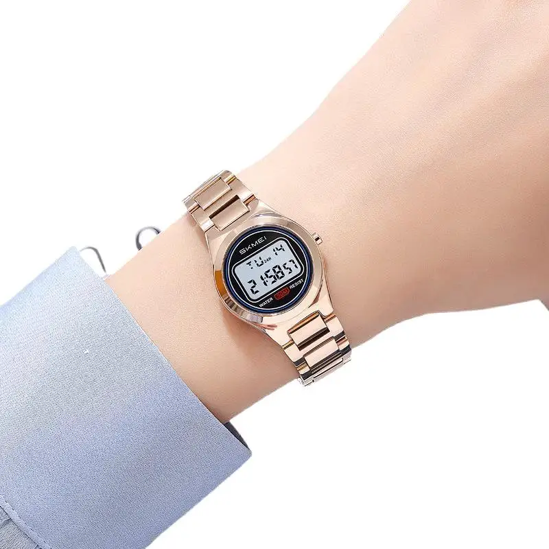 SkmeiМодные универсальные женские часы, многофункциональные водонепроницаемые светящиеся электронные часы со стальным ремешком, студенческие электронные часы Wa