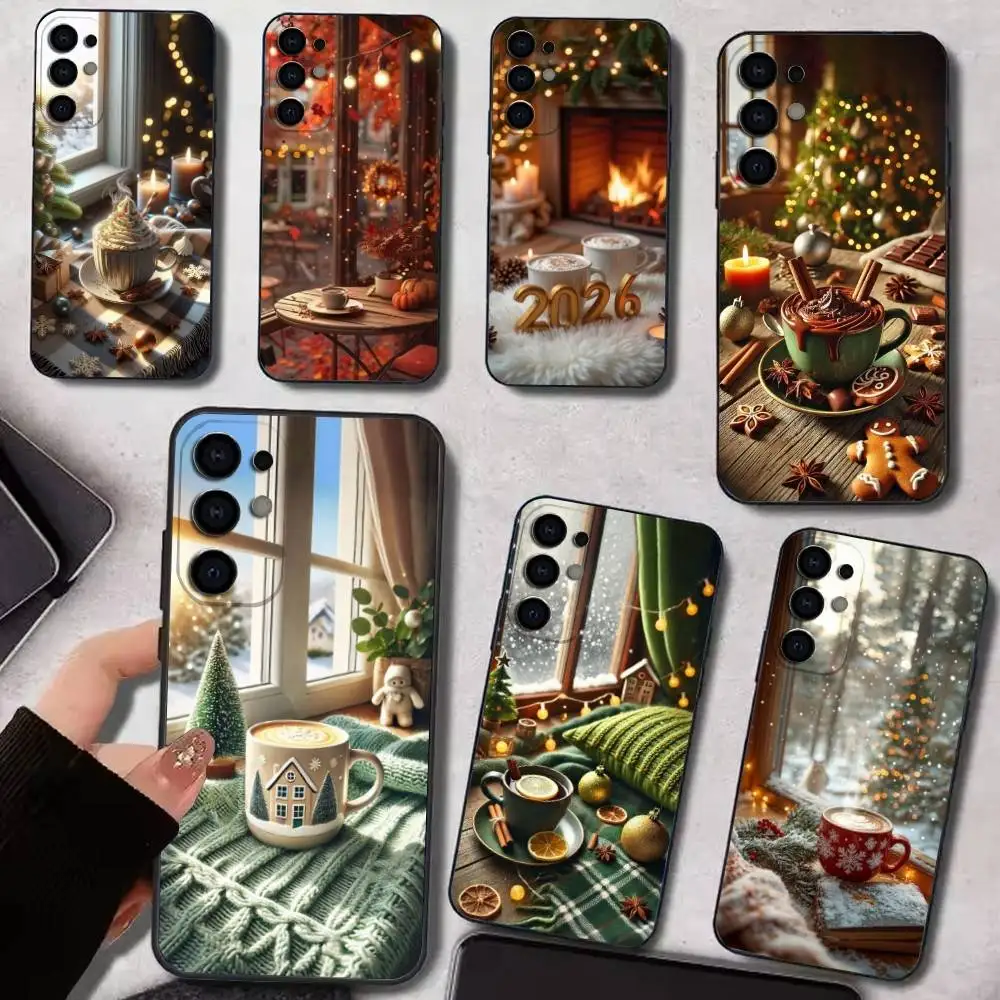 겨울 크리스마스 아트 카페 폰 케이스 삼성 S25, S24, S21, S22, S23, S30, 울트라, S20, 플러스, Fe, 라이트, 노트, 10, 9, 5G 블랙 커버