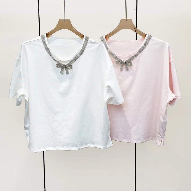 Women's Handmade Diamond Bowknot Short Sleeve Tee Pink or White Age Reduction O-Neck Tshirt for Ladies Spring Summer 2025