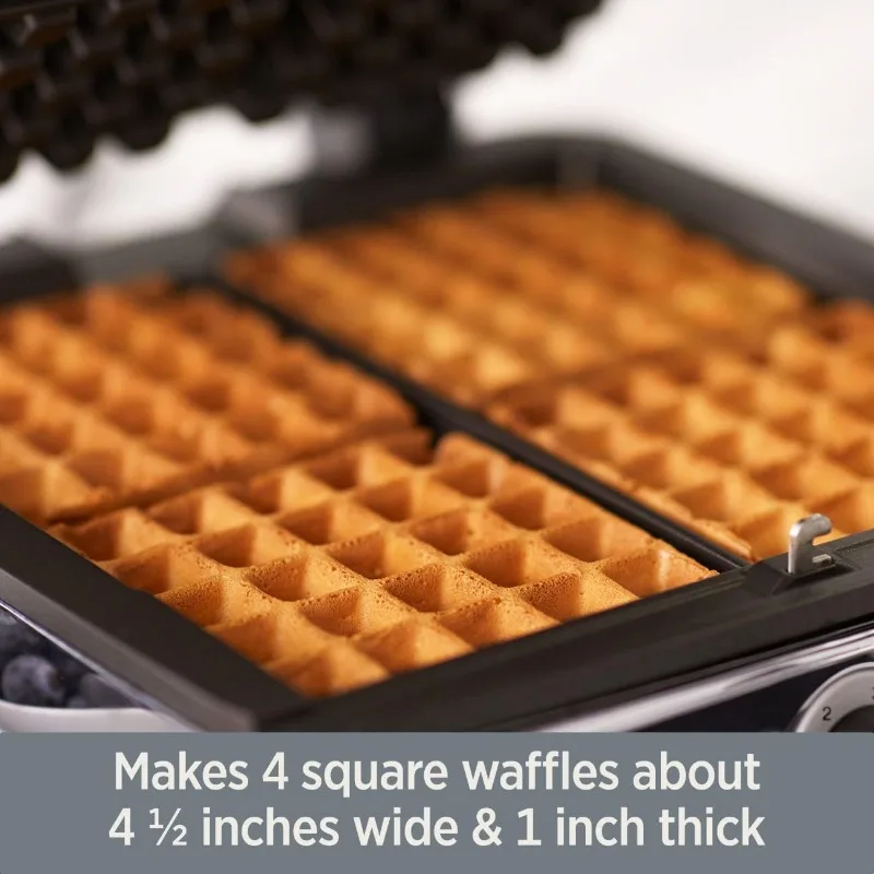 Stainless Steel Waffle Maker 4 Section Nonstick, Upright Storage 1600 Watts 6 Browning Levels, Square, Dishwasher Safe