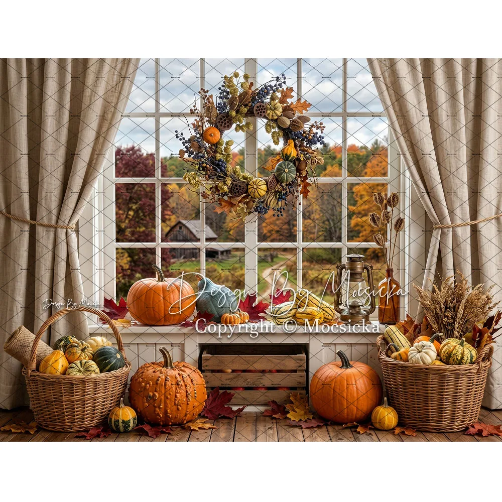 Mocsicka Autumn Window Backdrop Photography Pumpkin Curtain Lantern Farm Harvest Scene Background Thanksgiving Family Photobooth