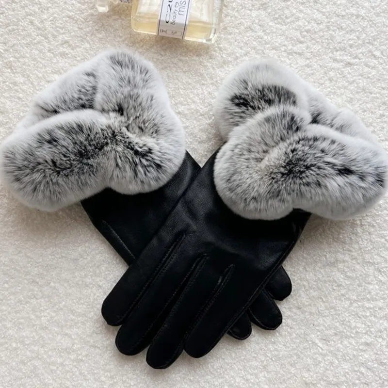 

Genuine Sheepskin Leather Gloves For Women Winter Thickened Warmth Natural Otter Rabbit Fur Decoration Luxury Fluffy Fur Gloves