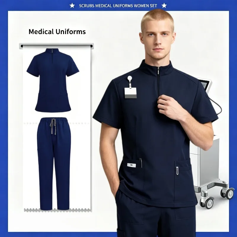 Men's Casual Nurse Uniform Frosted Set Jogging Suit Elastic Top and Multi Pocket Pants Suitable for Nurse Beautician Work Clothe